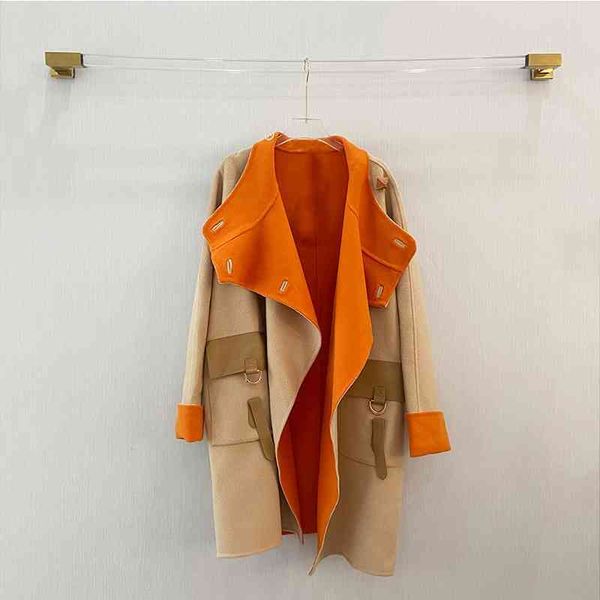 

yumever2021 new winter bright orange khaki cashmere double-sided fabric fashion medium and long loose coat, Black
