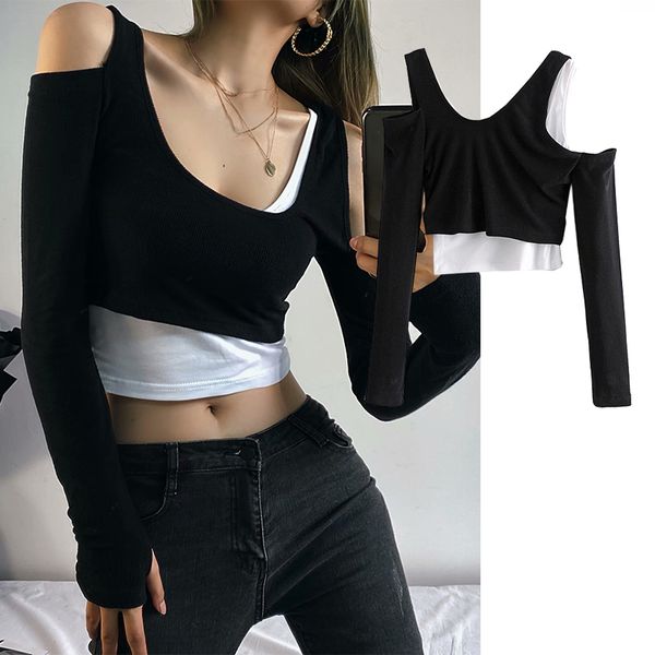 

tank women fall retro girl splicing irregular knitting sportsweater layers long crocheted pullovers, White