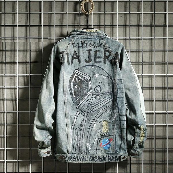 

men's japanese street men denim jackets starry sky astronaut graffiti retro loose print jacket frayed broken coats, Black;brown
