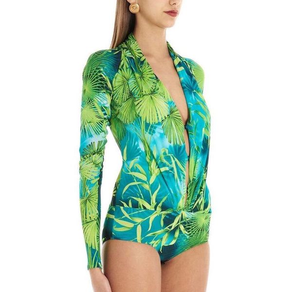 

women jumpsuit v-neck long sleeve short bodysuit green red print summer 2021 fashion p197 women's jumpsuits & rompers, Black;white