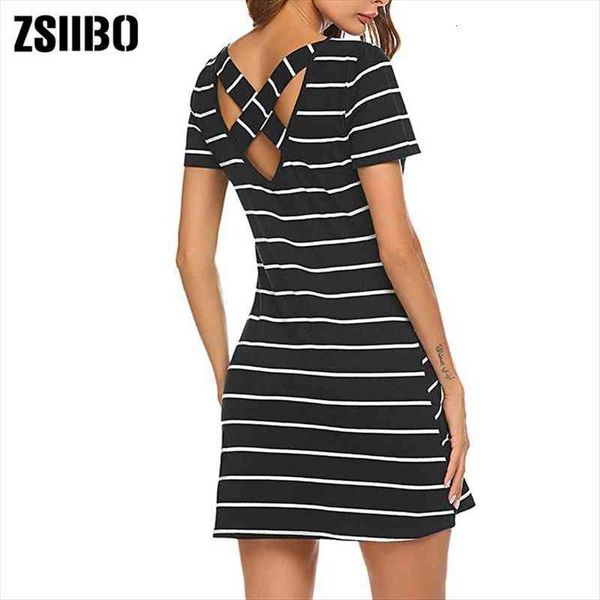 

zsiibo casual striped women dress criss cross short sleeve t shirt mini drop lyq192, Black;gray