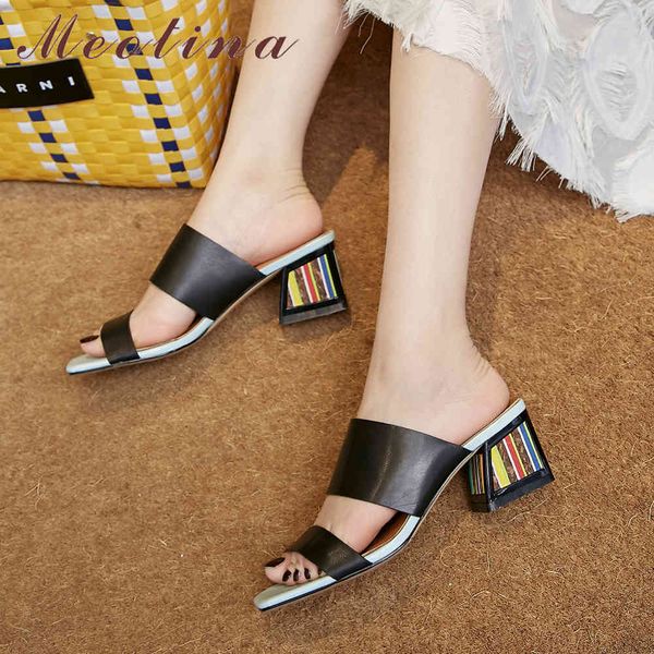 

summer shoes women slides natural genuine leather thick high heel sheepskin open toe slippers female sandals 33-43 210517, Black