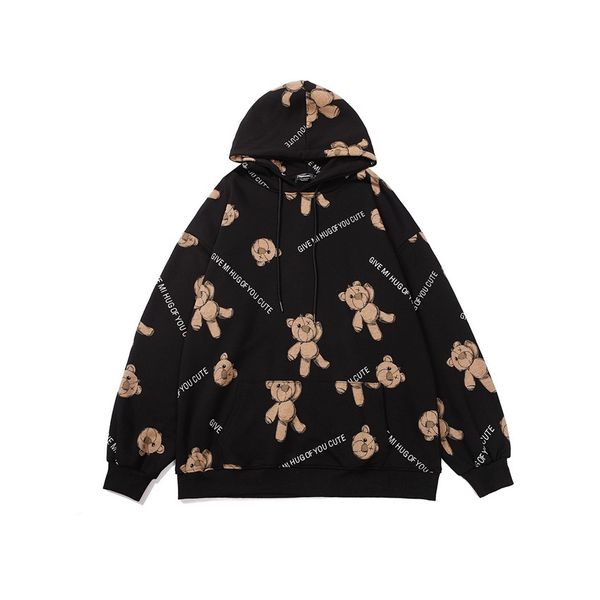 

high street is covered with bear print large hoodie, male youth oversize pullover, hoodie and coat, Black