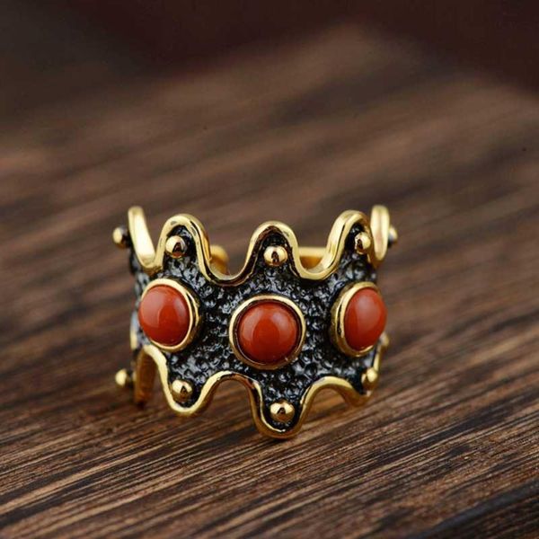 

red agate amber ring 925 silver adjustable original s925 solid rings for women jewelry black gold color cluster, Golden;silver