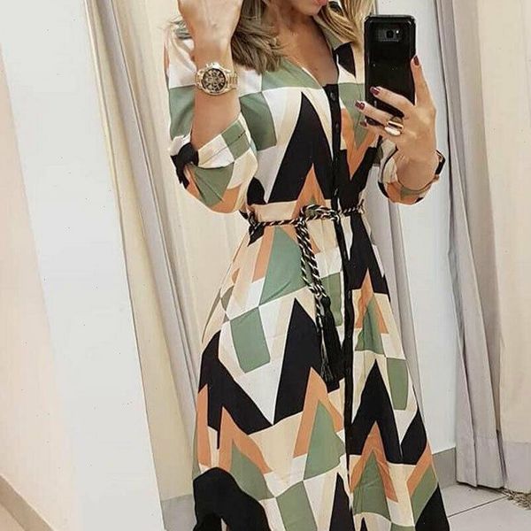 

long shirt wave print women dress sleeve v neck casual holiday midi good quality woman clothes, Black;gray