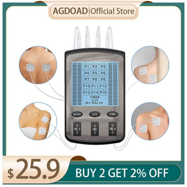 

electric massagers agdoad 15 modes pulse massager 4 output ems nerve muscle stimulator low frequency physiotherapy treatment tens machine