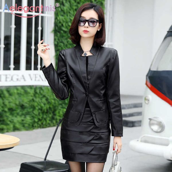 Aelegantmis Plus Size Slim Pu Giacca in pelle Donna manica lunga Casual Office Coat con gonna Ladies Work Black 210607