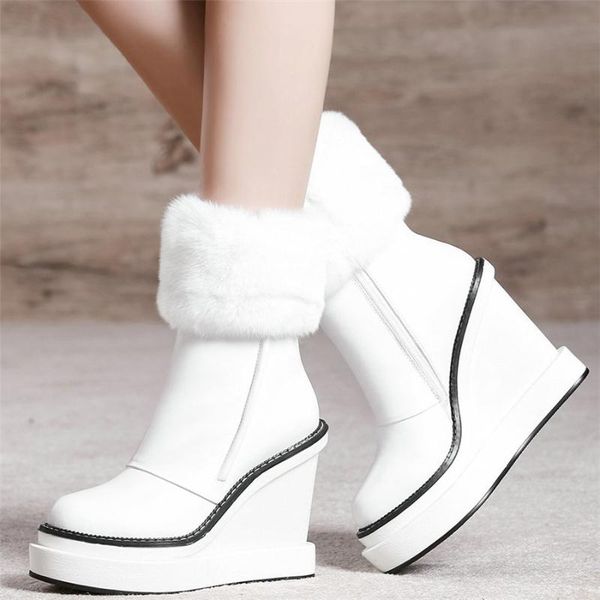 

boots 2021 high trainers women genuine leather platform wedges heel snow female winter warm fur fashion sneakers, Black