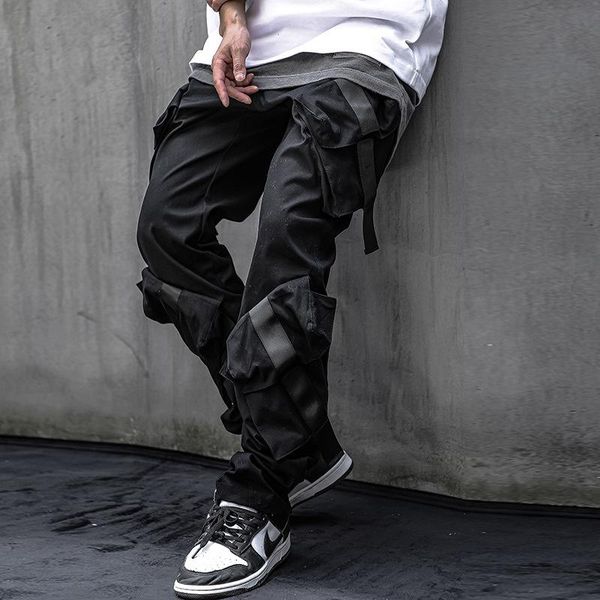 

men's pants functional tactical cargo joggers men trousers hip hop streetwear ribbons multi-pocket black wb169