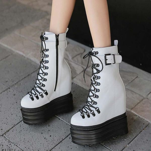 

boots female height increasing lace up goth women ankle short round toe thick botttom brand arrivals, Black