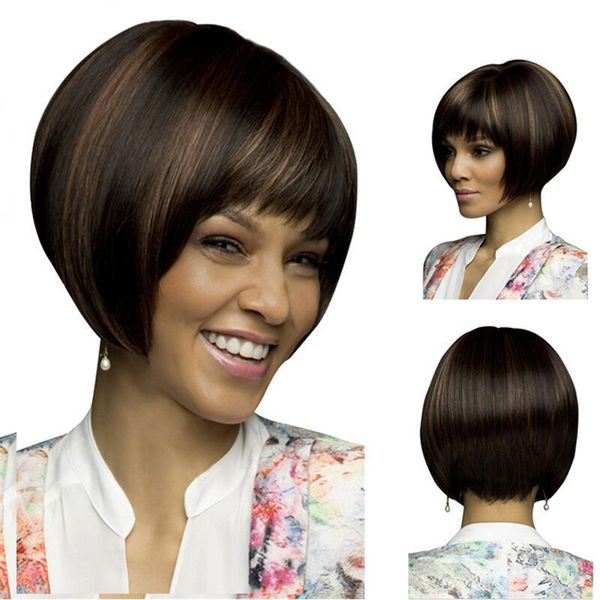 Short Sintetic Wig Simulação Humano Cabelo Perucas Hairpieces com Bangs Peluca de Cabello Natural Corto K91