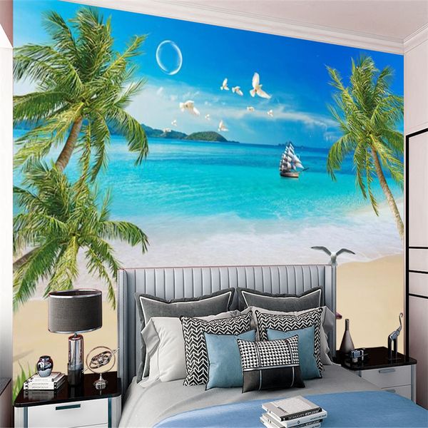 3D Seascape papel de parede coco veleiro starfish mar bonito vista decoração interior sala de estar quarto cozinha pintura mural papéis de parede