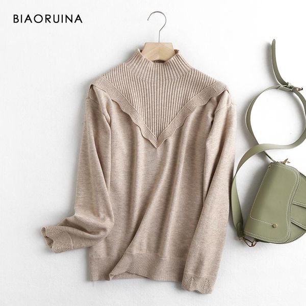 

women's sweaters biaoruina solid color ruffled pleated mock neck fashion knitted pullover female autumn winter loose elegant sweater, White;black