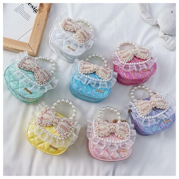 

kids bow purses and handbags 2021 cute mini crossbody little girl small coin pouch baby party hand bags tote purse, White