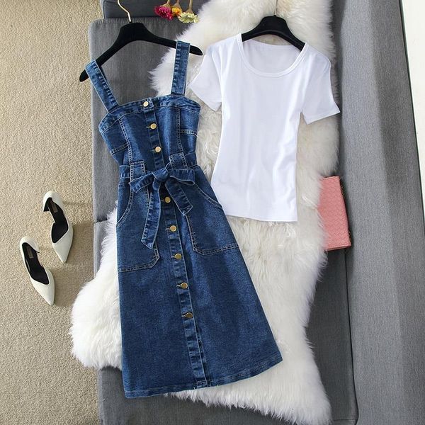 

spring summer set fashion women dress short sleeve white t shirt strap single breasted denim 2 pieces mjuer y162