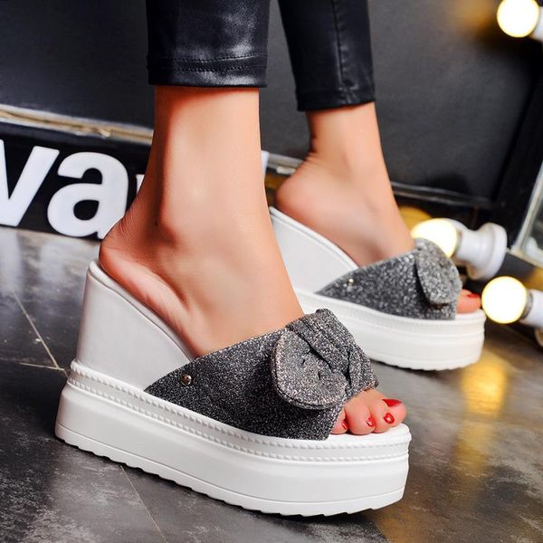 

fashion summer slippers for wemen wedges shoes black 2021 sequine bow chunky