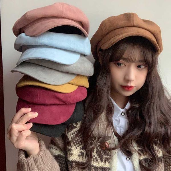 

hats, scarves & gloves sets hat female autumn and winter octagonal ins net red same versatile beret japanese british retro artist, Blue;gray