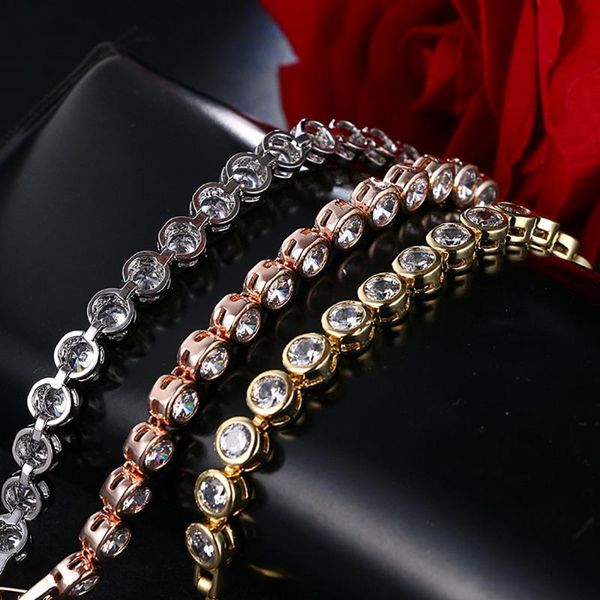

link, chain tennis bracelet women wrist gold filled round cut clear zircon inlaid classic girl jewelry gift, Black