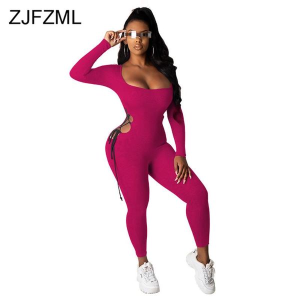 

lace up waist band cut out fitness jumpsuits women low neck long sleeve one piece overall high street active wear outfits women's & rom, Black;white