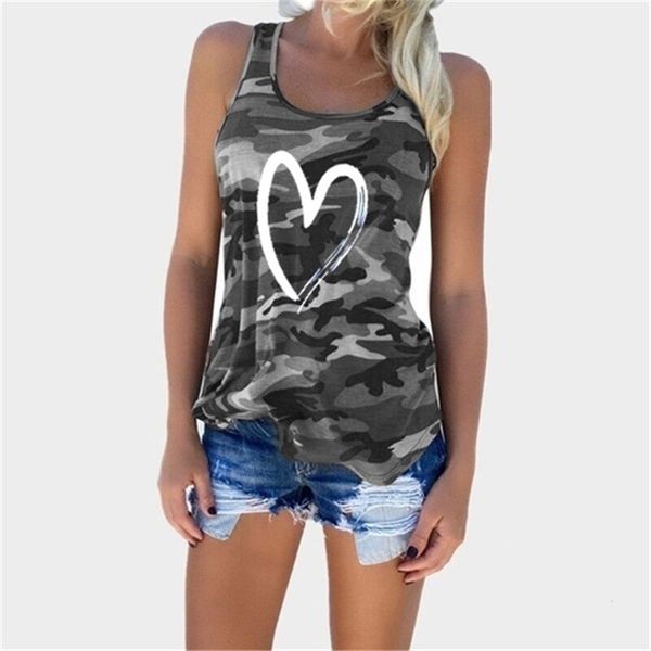 Camuflagem casual sem mangas t camisa mulheres sexy o-pescoço de algodão sem encosto mistura Tshirt Loose Plus tamanho 5xl 8 cor colete t-shirt 210517