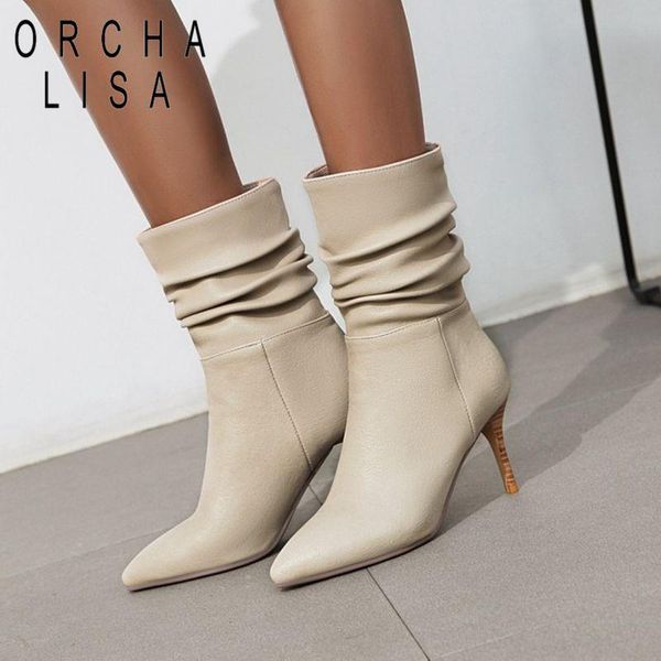 

boots orcha lisa 2021 pleated ankle short heels women winter office lady high 8cm botas botte femme black beige