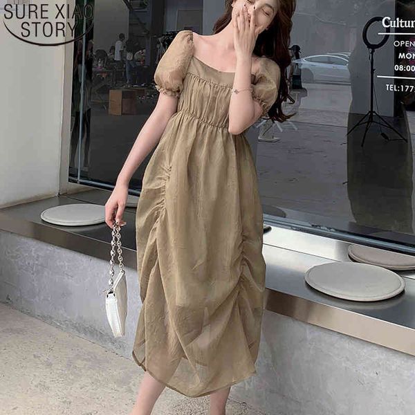 

good quality summer women short puff sleeve sweet square collar french style midi long dress vestidos 14104 210417, Black;gray
