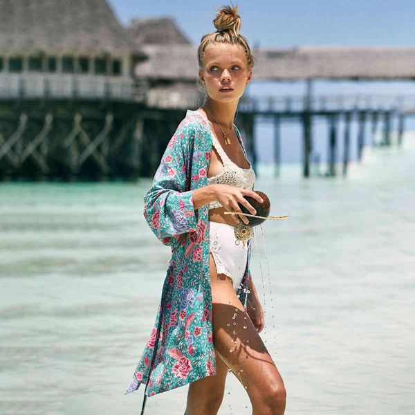 Jastie Vintage Floral Print Женщины Кимоно Рубашка Повседневная Пляж Блузки Весенние Летние Летние Куртка Кардиган Блузки Рубашки Топ 210419