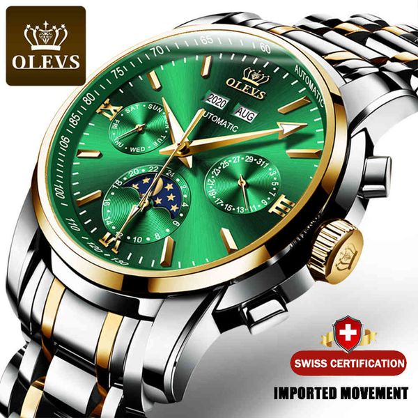 

olevs men mechanical watches luxury automatic moonlight rvs waterproof business sports relogio masculino, Slivery;brown