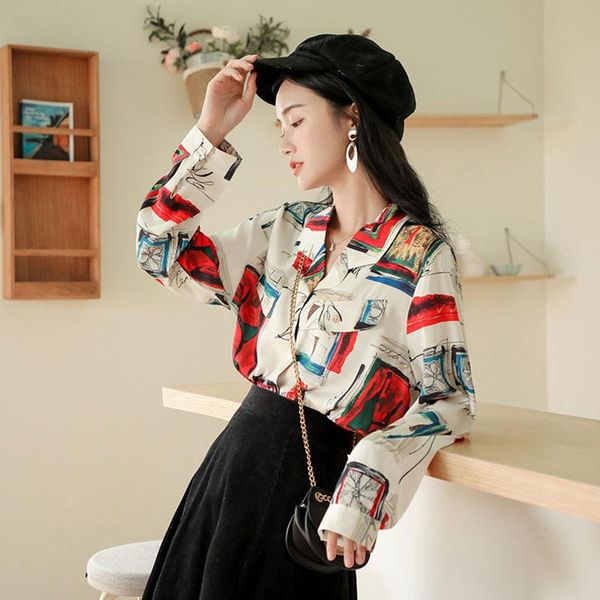 

women's blouses & shirts autum style retro shirt loose long sleeve notched printed blouse ml775 2021 spring, White