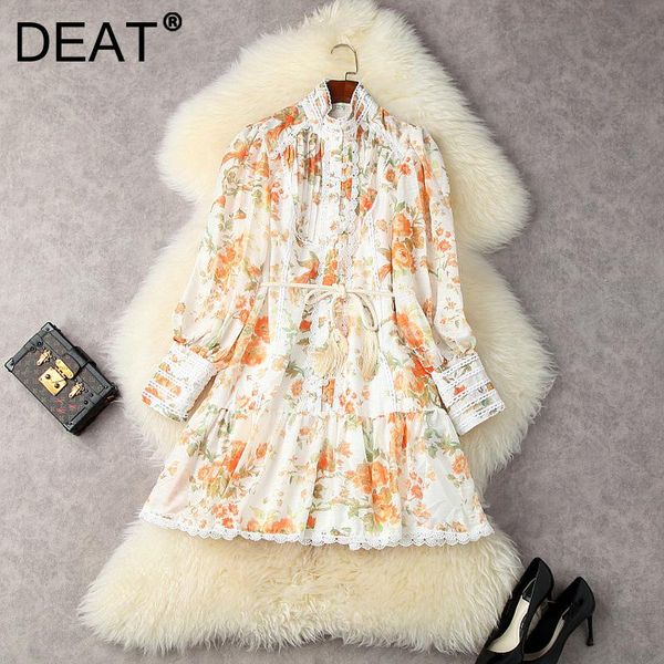 

casual dresses deat woman dress lace hollow out stand collar lantern sleeve loose tassel sashes vintage style 2021 autumn fashion 15xm715, Black;gray