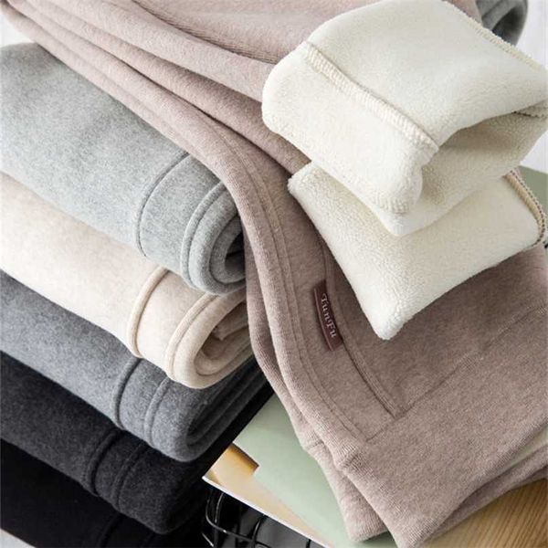 

winter thicken plush leggings women pure cotton skinny pants female high waist outer wear warm lamb wool elastic trousers 211204, Black