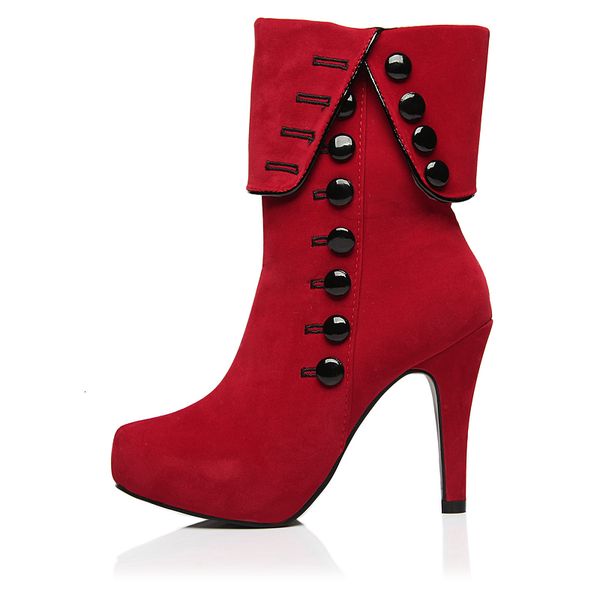 

boots women ankle high heels fashion red shoes woman platform flock buckle winter ladies female botas femininas rzk8, Black