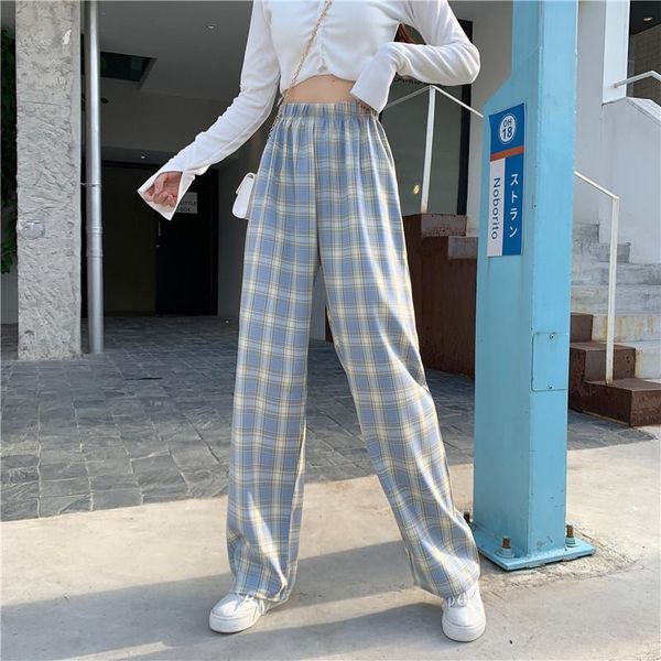 

women's pants & capris wide leg women 6 colors chic plaid purple elastic waist harajuku soft teens streetwear all-match trendy korean t, Black;white