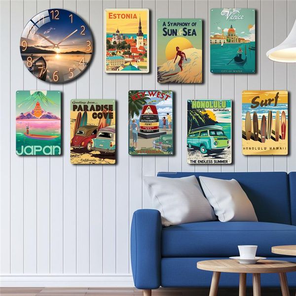 

wall clocks lanndscape luxury glass clock beach hawaii surfing metal poster tin sign modern design customize po retro plate