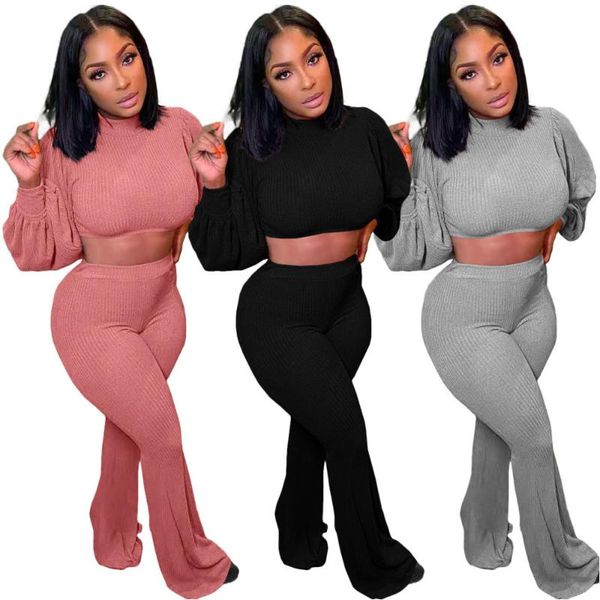 

women's two piece pants somoshein casual knitted sets fall clothes for women turtleneck puff sleeve solid crop sweater conjuntos de muj, White