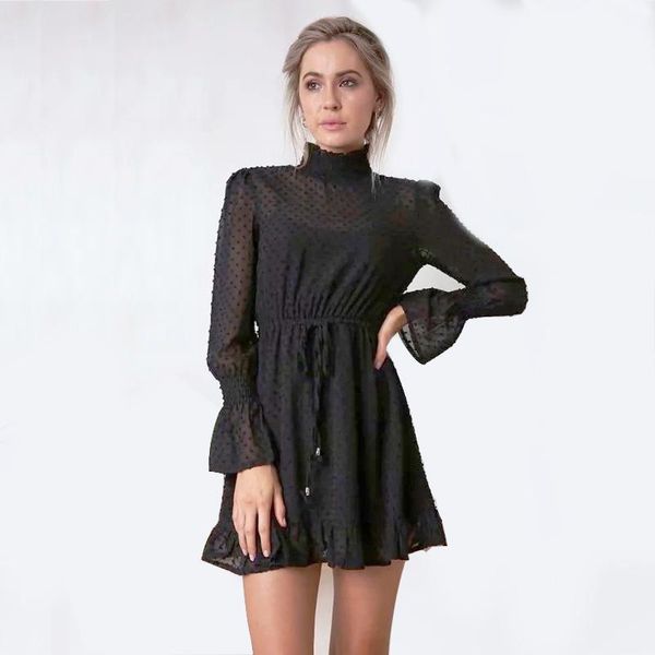 

casual dresses liyuan black chiffon dress women long sleeve pink polka dot summer elasticity slim waist transparent vestido 5 46, Black;gray
