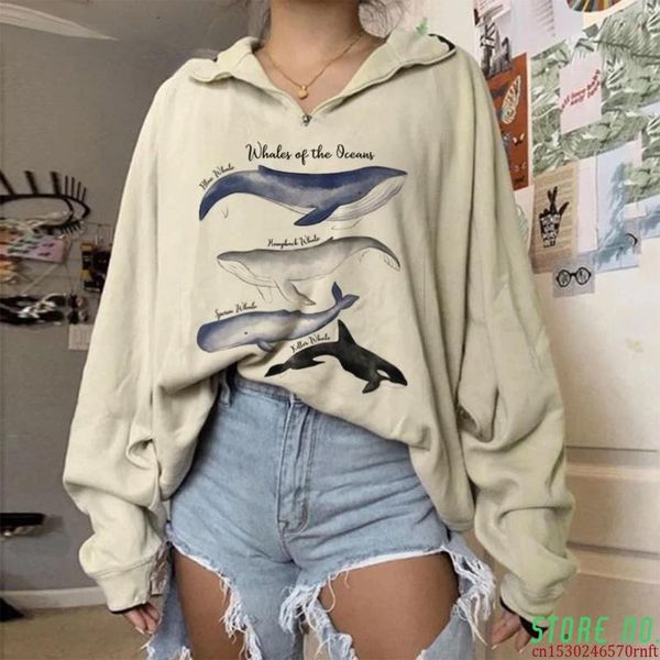 

women's hoodies & sweatshirts women hoodie whales print loose personality printed zipper graphic pullovers, Black