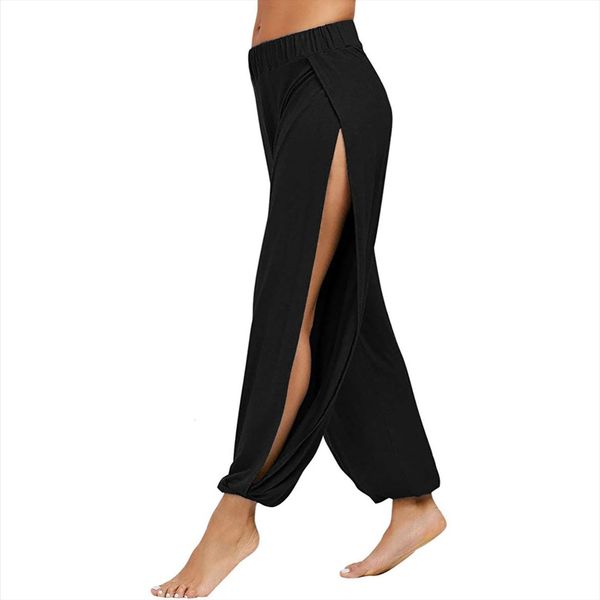 

fashion casual solid color womens pant elastic high waist side open trousers workout sports wide leg summer female, Black;white