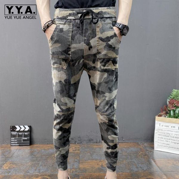 

men camouflage pencil pant slim fit ankle length fashion casual harem pants multi-pockets drawstring streetwear army green men's, Black
