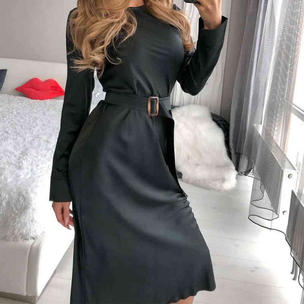 

dresses elegant satin for women solid o-neck long sleeve sashes slim party ladies vintage soft smooth dress autumn, Black;gray