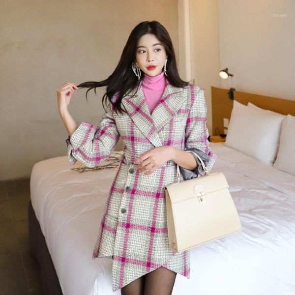 

women's wool & blends 2021 autumn winter vintage coat jackets plaid irregular fashion casual woolen slim, Black