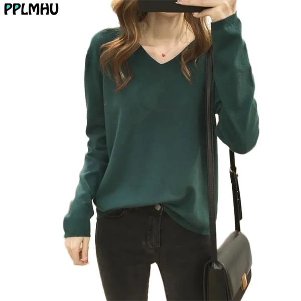 

basic solid colors v-neck jumper women classical long sleeve slim pullover plus size korean undershirt knitwear female 210522, White;black