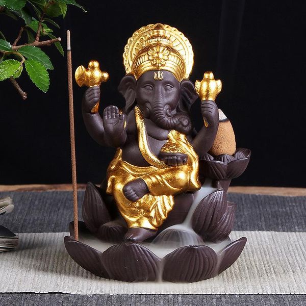 

fragrance lamps ganesha smoke waterfall backflow incense burner holder ceramic lotus stick elephant gold censer home decor