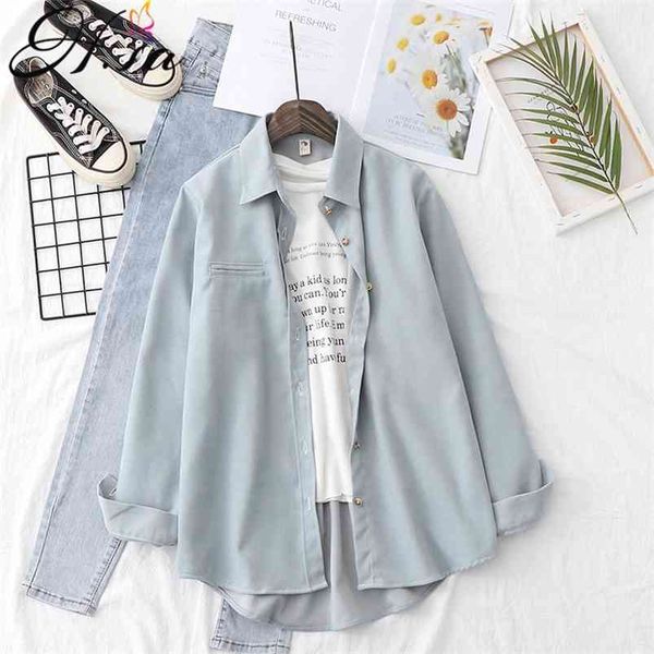 

hsa women spring blouses candy color solid oversized shirts long sleeve chic blusas turn down collar casual ladies 210430, White
