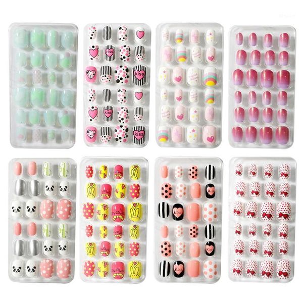 

24pcs/box full cover press on self adhesive manicure tips candy color fake nails nail art for children tips1, Red;gold