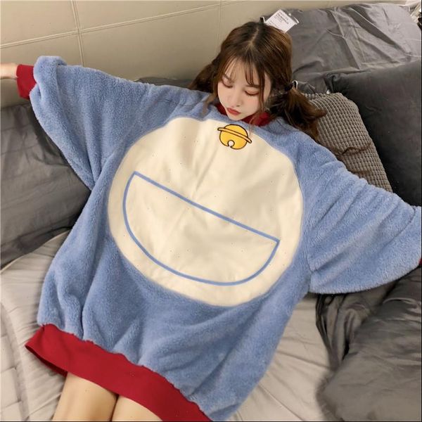 

autumn winter sleep lounge cartoon womens sleepwears doraemon oversized kawaii sweet pajamas, Black;red