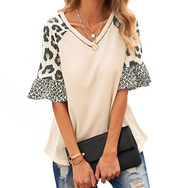 

women's blouses & shirts patchwork leopard contrast v-neck ruffle sleeve feminina casual loose fashion vintage female, White