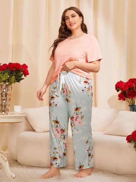 

plus solid sleep & floral print sleep pants r6hi#, Black;white