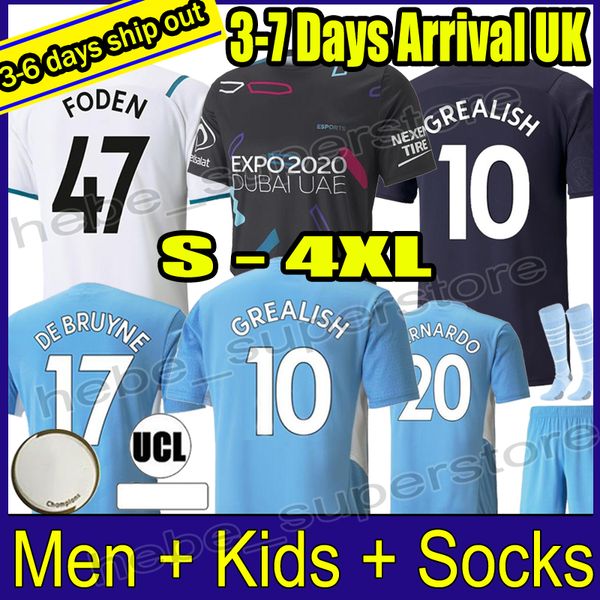 

fans man chester soccer jerseys 21 22 grealish city sterling ferran de bruyne foden 2021 2022 football shirts men kids kit set uniform, Black;yellow