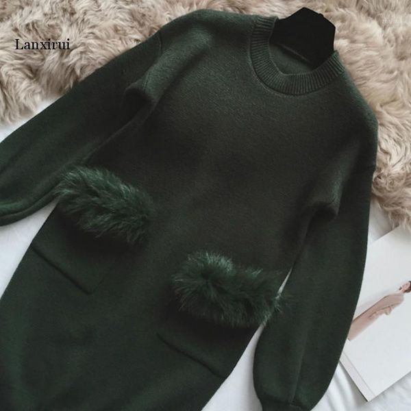 

women's sweaters winter long knitted sweater dress loose long-sleeved faux fur hair stitching double pockets pullover, White;black